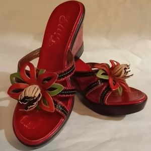 Elite by Corkys Sz 9 Red Leather Flower Sandals